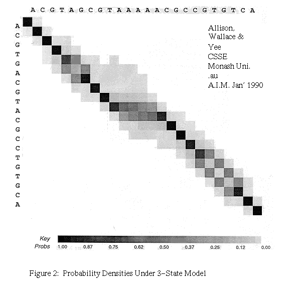 alignment probability density plot of two similar sequences shows strong matches (dark) and areas of uncertainty (grey) where alignment is less sure, finite state model is generative PFSA, later aka Pair Hidden Markov Models PHMM